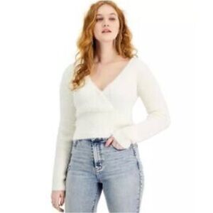 Pink Rose Cream Wrap Sweater Top – Soft Knit Long‎ Sleeve